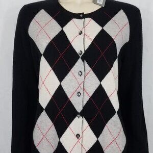 NWT Apt. 9 black gray argyle 100% Cashmere button cardigan sweater ladies Large